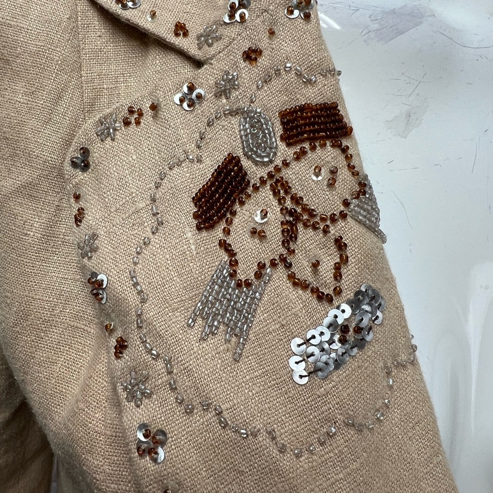 Bebe Vintage Y2K Women's S Beige Linen Beaded Sequins Long Single Button Jacket - Picture 2 of 9